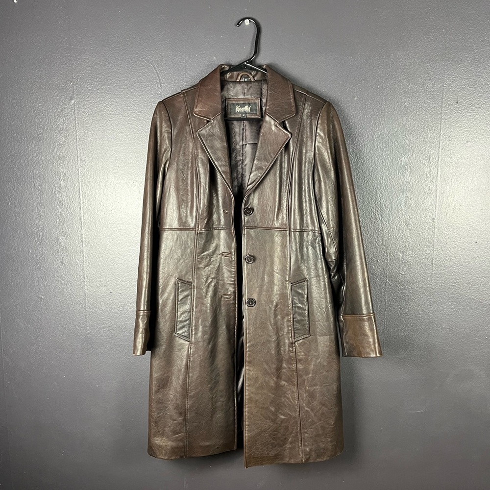 Vintage 90s brown leather blazer trench